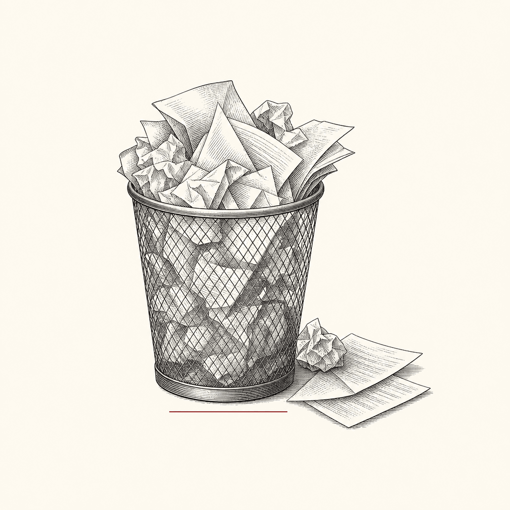 Engraving of a wire wastebasket overflowing with discarded notices