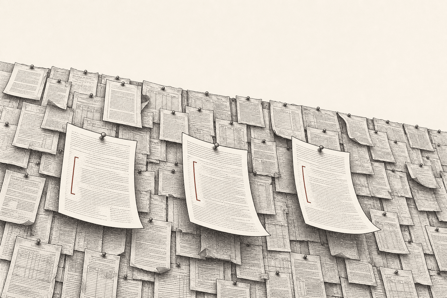Engraving of a wall of pinned public contract notices, with three sheets pulled forward and marked